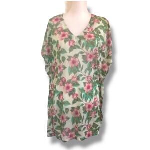 H&M Tunic Cover Up Women’s XS Green Pink Floral V-Neck Lightweight Tropical